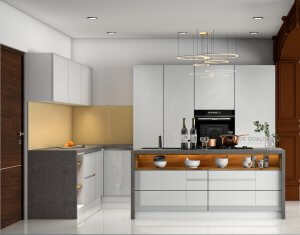 Modern kitchen design with white cabinets, granite countertops, and stainless steel appliances in a Bangalore home