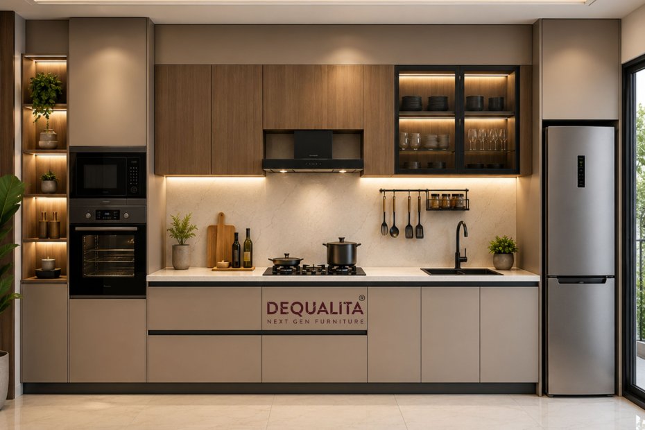 Premium modular straight line kitchen designed by DeQualita featuring high-gloss cabinets, quartz countertop, smart storage solutions, integrated appliances, soft-close drawers, LED lighting, and modern luxury interiors in Bangalore.