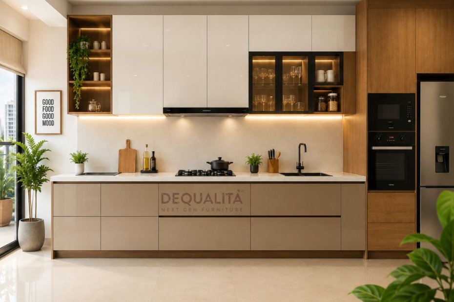 Modern smart modular kitchen space in Bangalore featuring sleek cabinets, intelligent storage solutions, built-in appliances, ambient lighting, and contemporary interior design.