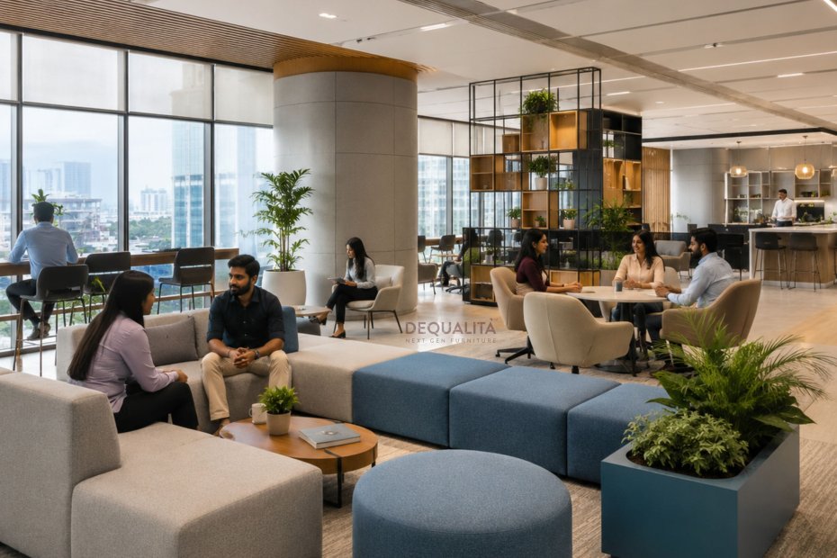 Contemporary modular lounge furniture for modern office interiors in Bangalore featuring stylish sofas, ergonomic seating, collaborative spaces, and premium office lounge design.