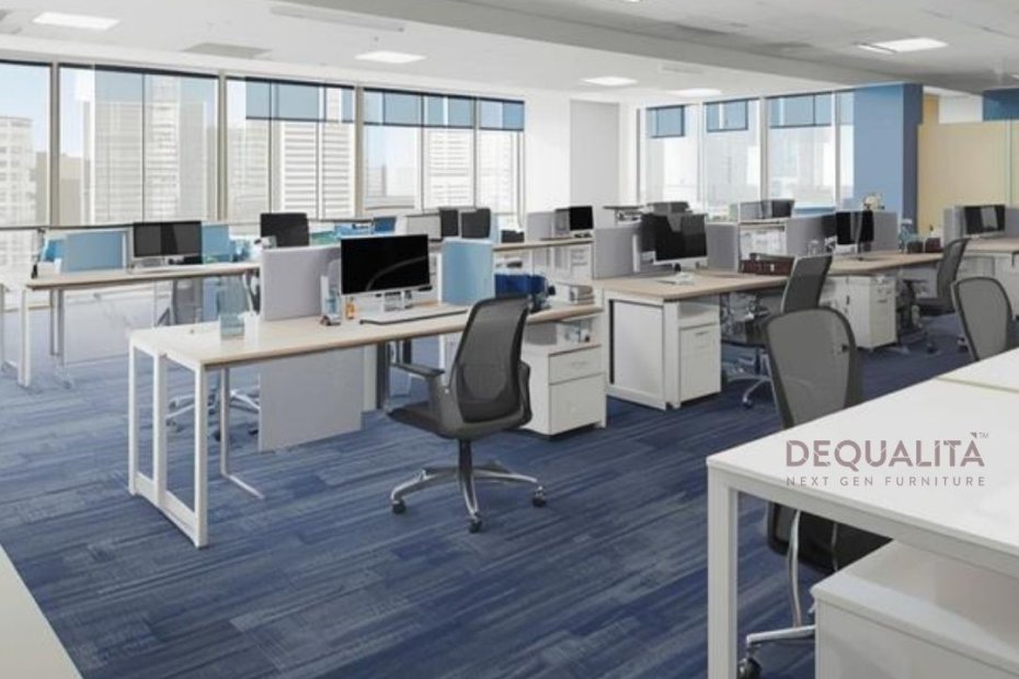 Modern modular office furniture setup in a Bangalore workspace featuring ergonomic desks, smart storage, and collaborative workstations.